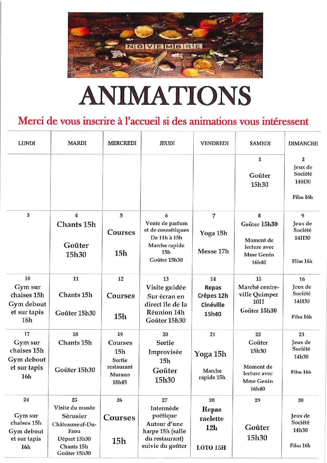 Animations novembre