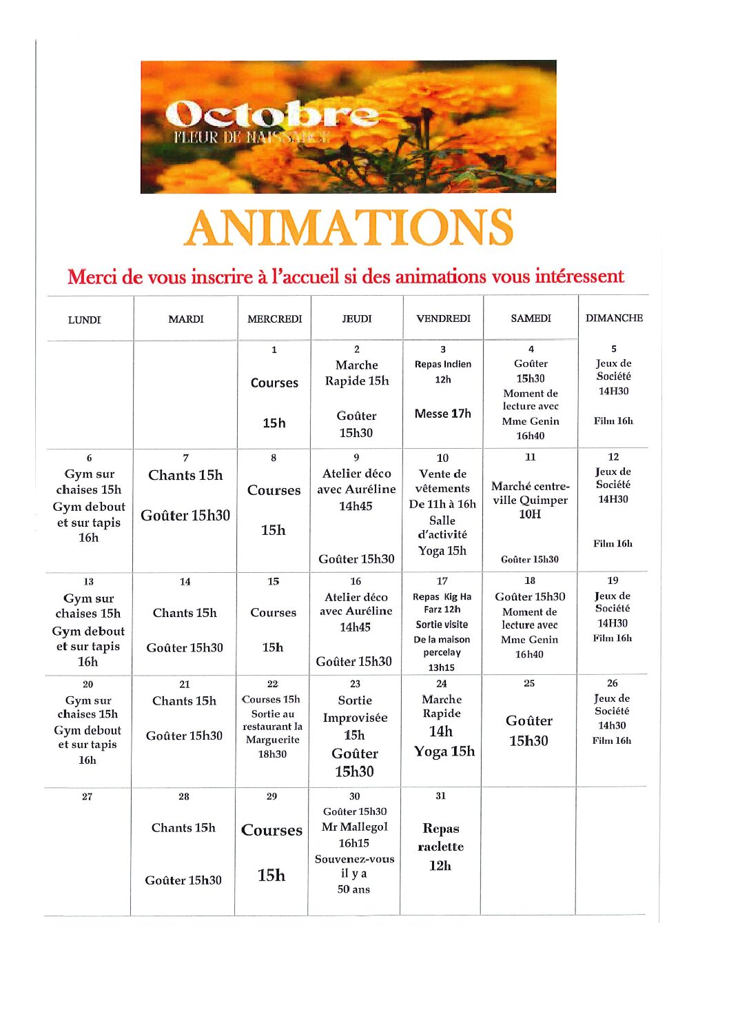 Animations octobre