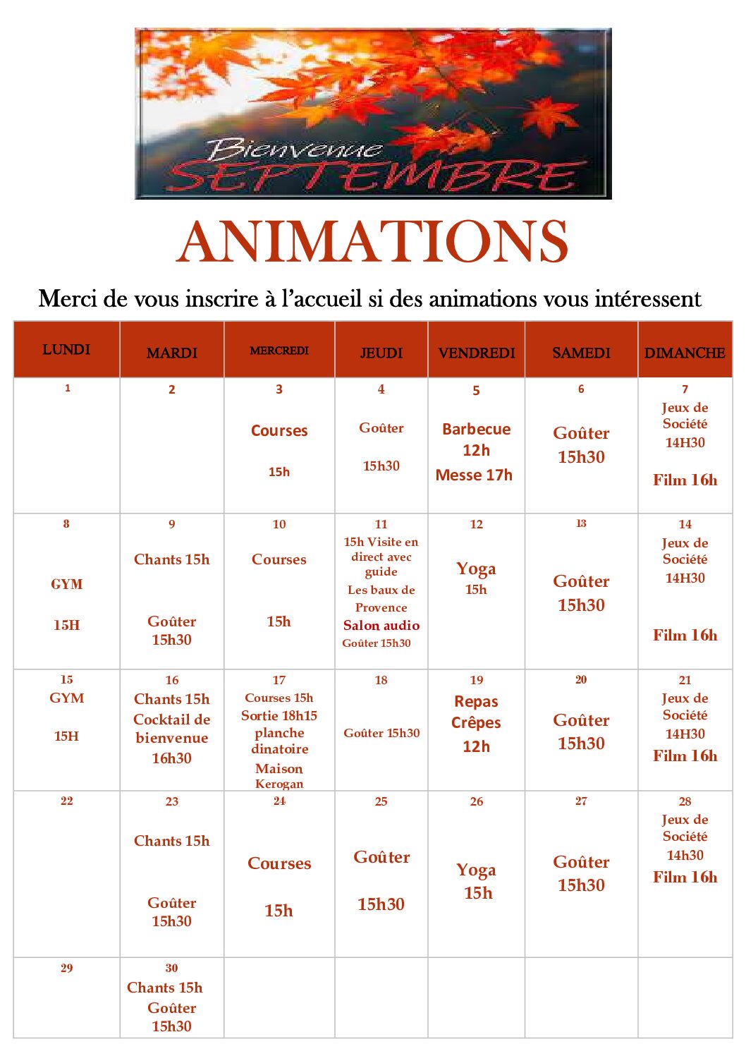 Animations septembre